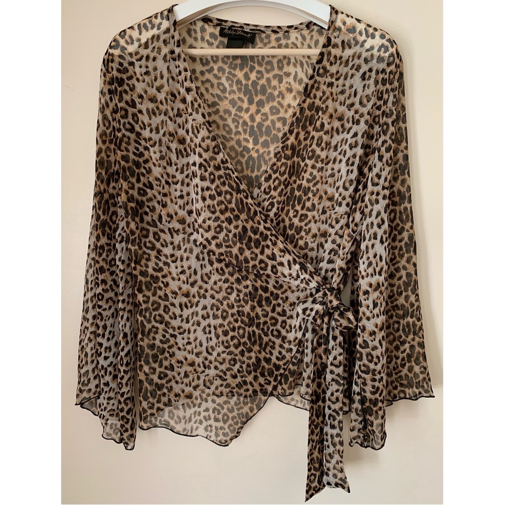 Ashley Stewart • 14 • Sheer Cheetah Wrap Long Split Bell Sleeve Top